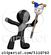 Black Design Mascot Man Holding Jester Staff Posing Charismatically
