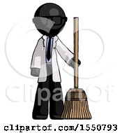 Black Doctor Scientist Man Standing With Broom Cleaning Services