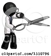 Poster, Art Print Of Black Doctor Scientist Man Holding Giant Scissors Cutting Out Something