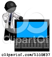 Poster, Art Print Of Black Doctor Scientist Man Beside Large Laptop Computer Leaning Against It