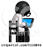 Poster, Art Print Of Black Doctor Scientist Man Using Laptop Computer While Sitting In Chair View From Back