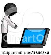 Poster, Art Print Of Black Doctor Scientist Man Using Large Laptop Computer Side Orthographic View