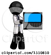 Poster, Art Print Of Black Doctor Scientist Man Holding Laptop Computer Presenting Something On Screen