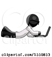 Poster, Art Print Of Black Doctor Scientist Man Using Laptop Computer While Lying On Floor Side View