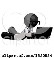 Poster, Art Print Of Black Doctor Scientist Man Using Laptop Computer While Lying On Floor Side Angled View