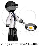 Black Doctor Scientist Man Frying Egg In Pan Or Wok Facing Right