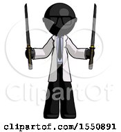 Black Doctor Scientist Man Posing With Two Ninja Sword Katanas Up