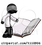 Black Doctor Scientist Man Reading Big Book While Standing Beside It