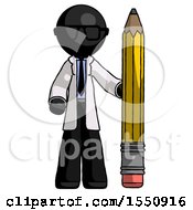 Black Doctor Scientist Man With Large Pencil Standing Ready To Write