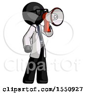 Black Doctor Scientist Man Shouting Into Megaphone Bullhorn Facing Right