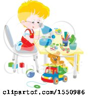 Clipart Of A Blond Caucasian Boy Looking Through A Microscope Royalty Free Vector Illustration
