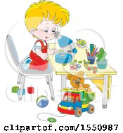 Clipart Of A Blond White Boy Looking Through A Microscope Royalty Free Vector Illustration