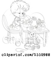 Clipart Of A Lineart Boy Looking Through A Microscope Royalty Free Vector Illustration