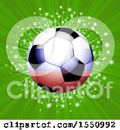 Poster, Art Print Of Red White And Blue Soccer Ball Over Green Rays And A Star Burst