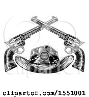 Clipart Of A Cowboy Sheriff Hat With Crossed Guns In Black And White Royalty Free Vector Illustration
