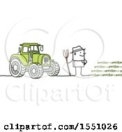 Poster, Art Print Of Stick Man Farmer Facing A Crop Standing By A Tractor