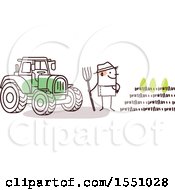 Clipart Of A Stick Man Farmer Facing A Crop Standing By A Tractor Royalty Free Vector Illustration by NL shop