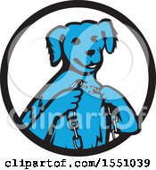 Poster, Art Print Of Retro Blue Dog Sitting With A Broken Chain In Hands Inside A Black And White Circle