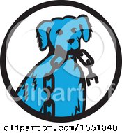 Poster, Art Print Of Retro Blue Dog Sitting With A Broken Chain In His Mouth Inside A Black And White Circle