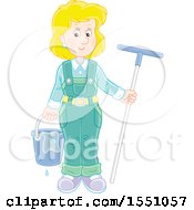 Poster, Art Print Of Happy Blond Caucasian Window Washer Woman Holding A Bucket And Squilgee