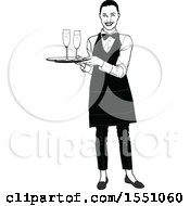 Poster, Art Print Of Grayscale Waitress Holding A Tray With Champagne