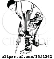 Clipart Of A Black And White Worker Operating A Pneumatic Drill Royalty Free Vector Illustration