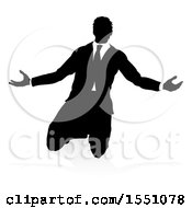 Poster, Art Print Of Silhouetted Business Man Kneeling And Worshiping With A Shadow On A White Background