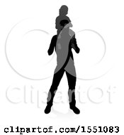 Clipart Of A Silhouetted Father Carrying His Son On His Shoulders With A Shadow On A White Background Royalty Free Vector Illustration