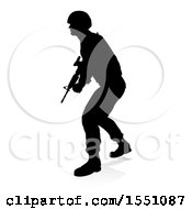 Clipart Of A Silhouetted Male Armed Soldier With A Reflection Or Shadow On A White Background Royalty Free Vector Illustration by AtStockIllustration
