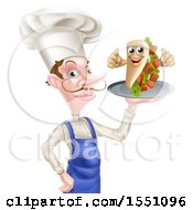 Clipart Of A White Male Chef Holding A Souvlaki Kebab Sandwich On A Tray Royalty Free Vector Illustration