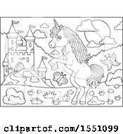Clipart Of A Black And White Unicorn Near A Castle Royalty Free Vector Illustration