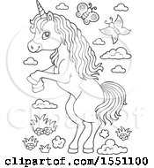 Clipart Of A Black And White Unicorn With Butterflies Royalty Free Vector Illustration