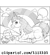 Clipart Of A Black And White Unicorn Resting Near A Rainbow Royalty Free Vector Illustration