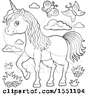Clipart Of A Black And White Unicorn With Butterflies Royalty Free Vector Illustration
