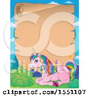 Poster, Art Print Of Scroll With A Resting Pink Unicorn With Colorful Hair