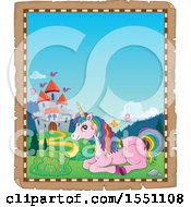 Poster, Art Print Of Parchment Border Of A Castle And Resting Pink Unicorn With Colorful Hair