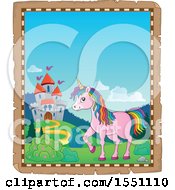 Poster, Art Print Of Parchment Border Of A Castle And A Pink Unicorn With Colorful Hair