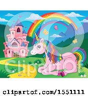 Poster, Art Print Of Castle And Resting Pink Unicorn With Colorful Hair