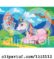 Clipart Of A Castle And Resting Pink Unicorn With Colorful Hair Royalty Free Vector Illustration