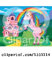 Poster, Art Print Of Rainbow Castle And Rearing Pink Unicorn