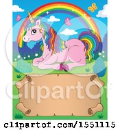 Clipart Of A Unicorn Rainbow And Parchment Scroll Royalty Free Vector Illustration