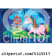 Clipart Of A Castle And A Pink Unicorn With Colorful Hair Royalty Free Vector Illustration