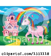 Poster, Art Print Of Rainbow Castle And A Pink Unicorn With Colorful Hair