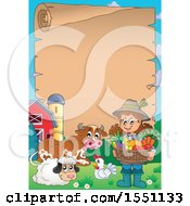 Poster, Art Print Of Scroll Border And A Farmer Girl Holding A Basket Of Produce By Animals