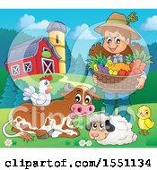 Poster, Art Print Of Farmer Girl Holding A Basket Of Produce By Animals