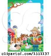 Poster, Art Print Of Border Of A Farmer Girl Holding A Basket Of Produce By Animals