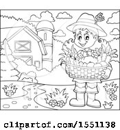 Clipart Of A Lineart Farmer Girl Holding A Basket Of Produce Royalty Free Vector Illustration