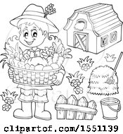 Poster, Art Print Of Lineart Farmer Girl Holding A Basket Of Produce