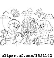 Poster, Art Print Of Lineart Girl And Boy Planting A Tree