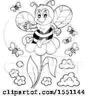 Clipart Of A Black And White Flower And Bees Royalty Free Vector Illustration